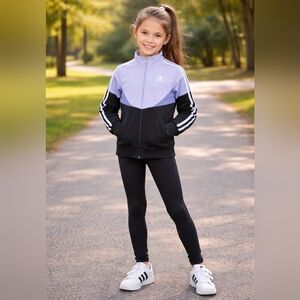 Adidas Youth Track Jacket M 10/12 Black Purple Zip Up 3 Stripe Retro Athletic